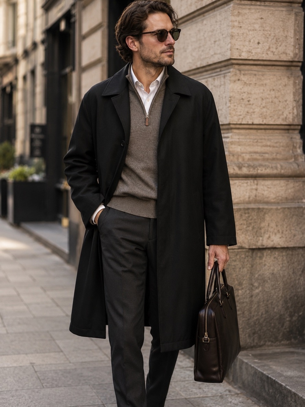 Bellissimo Black Car Coat XL Minimalist Overcoat Zip-Out Lining Y2K